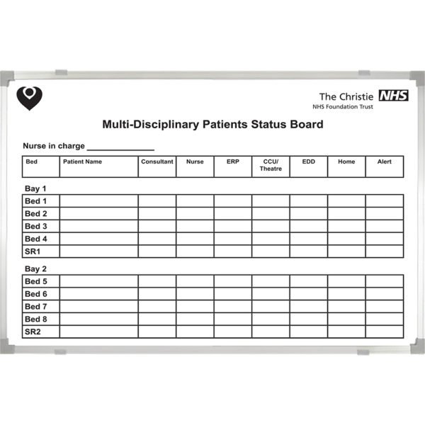 <div class="h4"><B>Multi Disciplinary Patients Status Board</B></div><div class="caption-text">The Christie NHS Foundation Trust requested this 120 x 90 cm patient status board by Bay and by Bed.</div>