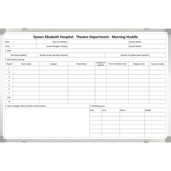 <div class="h4"><B>Queen Elizabeth Hospital Morning Huddle Board</B></div><div class="caption-text">This Morning Huddle Board SMP0885-01 is 180 x 120 cm. Huddle is a lean continuous improvement process which is now widely used in the healthcare sector.</div>