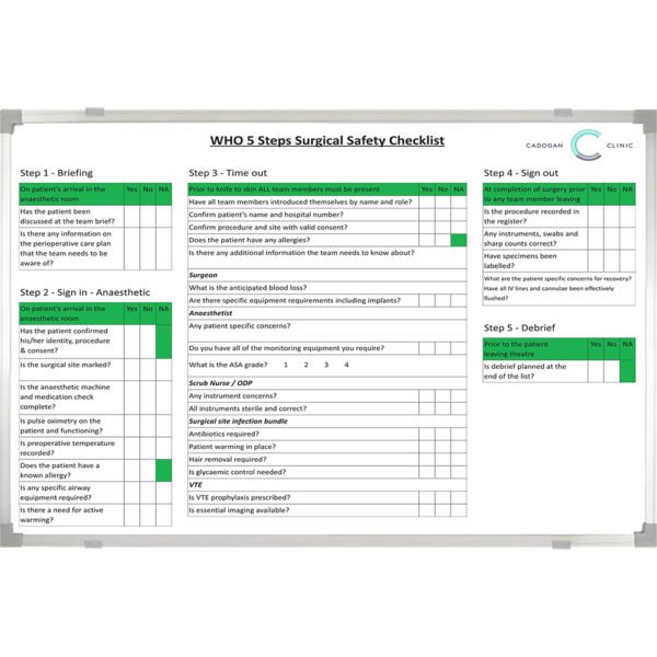 <div class="h4"><B>Surgical Safety Checklist Whiteboard</B></div><div class="caption-text">Cadogan Clinic created this 120 x 90 cm custom printed whiteboard showing the WHO 5 Steps.</div>