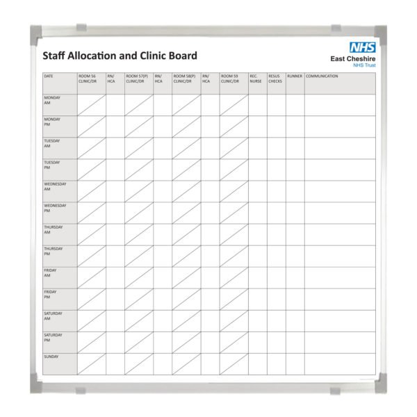 <div class="h4"><B>East Cheshire NHS trust</B></div><div class="caption-text">A 120 x 120 cm Staff Allocation and Clinic Whiteboard</div>