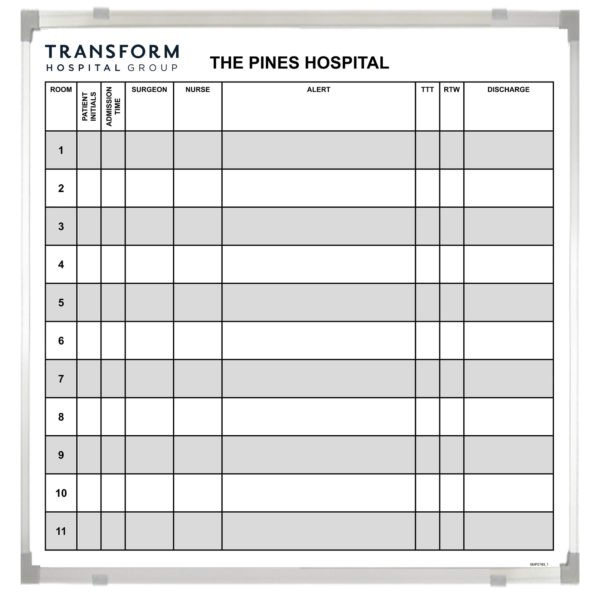 <div class="h4"><B>The Pines Hospital</B></div><div class="caption-text">A simple but effective 90 x 90 cm whiteboard with custom print</div>