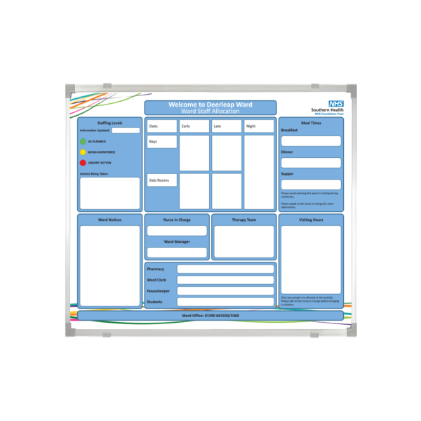 <div class="h4"><b>Southern Health NHS Staff Allocation Board</b></div><div class="caption-text">This brightly coloured board we designed for the Southern Health NHS Foundation is 120 x 100cm and features a grid system that maximises the board to allow for various sections and space for writing. In the background of the design there is a colourful ribbon style pattern that adds a nice accent of colour to the board.</div>
