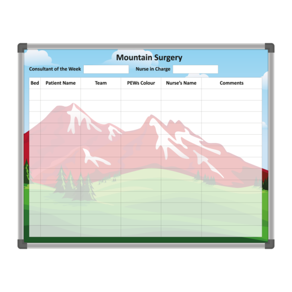 <div class="h4"><B>Mountain Surgery Ward Board</B></div><div class="caption-text">This printed whiteboard is designed with a mountain background with a table in the forefront to provide patient information and allow for note taking and patient management.</div>