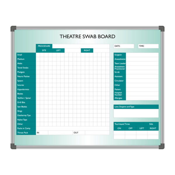 <div class="h4"><B>Spire Healthcare Theatre SWAB Board</B></div><div class="caption-text">Theatre SWAB boards are the perfect solution to keep count of SWABS and other theatre tools. When designing a custom printed whiteboard you can choose any tools or utensils for your SWAB board.</div>