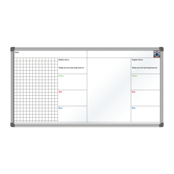 <div class="h4"><B>St. Anthony's Catholic Primary School Maths & English Board</B></div><div class="caption-text">This printed whiteboard has been designed with a 50/50 split for Maths and English lessons. The Maths side features a gridded section and the English side is plain to allow for extensive writing. This board measures <B>240 x 120cm</B>.</div>