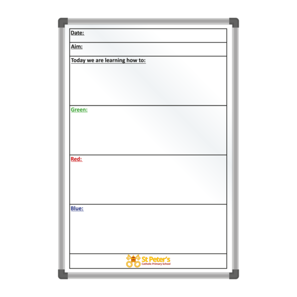 <div class="h4"><B>St Peter's School Lesson Objectives Board</B></div><div class="caption-text">Many schools are using custom printed whiteboards as a planner & learning objectives tool. These often include the school logo and are a great way to engage pupils in the learning process. This board measures <B>60 x 90cm</B>.</div>