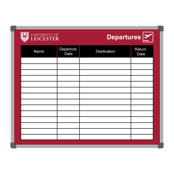 <div class="h4"><B>Leicester University Custom Printed Departures Whiteboard</B></div><div class="caption-text">This colourful departures board incorporates Leicester University's colours and logo, creating an eye catching custom printed planner whiteboard.</div>