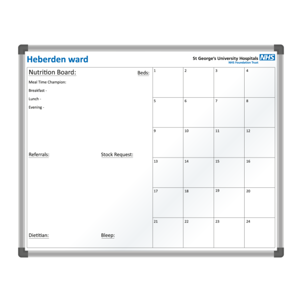 <div class="h4"><B>St Georges University Hospital Ward Board</B></div><div class="caption-text">A custom printed ward nutrition board created for St George's University Hospital. This design provides a substantial amount of writing space for note taking and writing key information. This board measures <B>150 x 120cm</B>.</div>