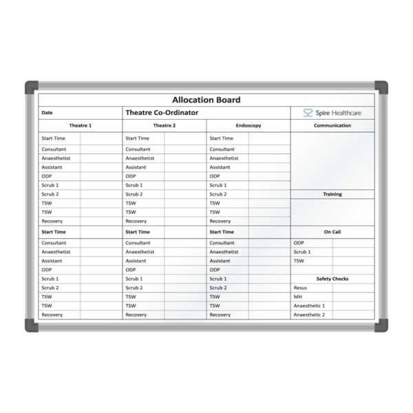 <div class="h4"><B>Spire Healthcare Theatre Allocation Board</B></div><div class="caption-text">Organising and allocating staff is a crucial aspect of a hospital and the healthcare system. Working with Spire Healthcare, we created this staff allocation board for use in theatres. This board measures <B>120 x 90cm</B>.</div>
