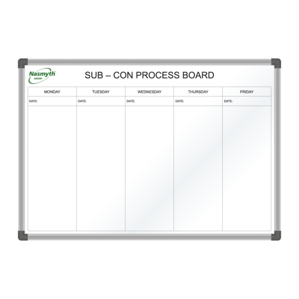 <div class="h4"><B>Nasmyth Sub-Con Process Board</B></div><div class="caption-text">This board, created for Nasmyth Group, provides a 5 day week planning space to track sub-con processes. Each column allows for substantial writing space, so note taking and communication will always be of a high quality. The board measures <B>120 x 90cm</B>.</div>