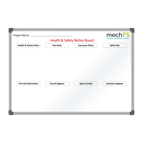 <div class="h4"><B>mechFS Health & Safety Notice Board</B></div><div class="caption-text">The health & safety notice board has been designed for use with magnetic window paper holders, and will enable mechFS to add, change and adapt their health & safety notices as and when necessary. The board comprises of 8 main headings, and the company logo in top right corner.</div>