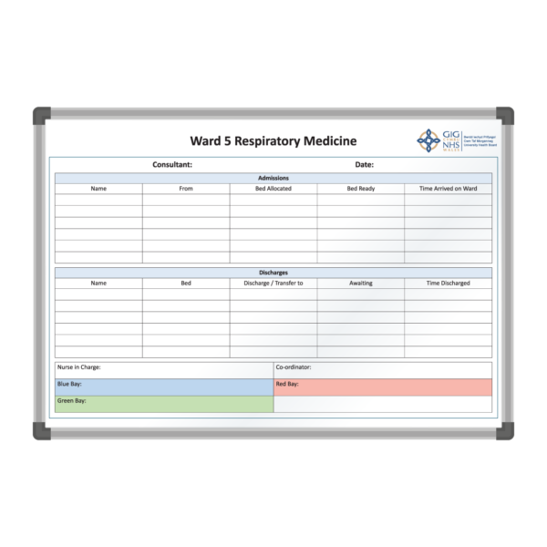 <div class="h4"><B>Cwm Taf Morgannwg University Health Board</B></div><div class="caption-text">A functional board created for Cwm Taf Morgannwg University Health Board's Respiratory Medicine Ward. The board will be used to display important information needed on a busy ward. Coloured boxes and highlighted headings make the information easy to read at a glance. This board measures <B>90 x 60cm</B>.</div>