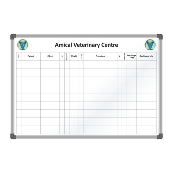 <div class="h4"><B>Amical Vets Patient Board</B></div><div class="caption-text">This printed whiteboard is a vets patient board for Amical Veterinary Centre. The board is designed to show patient status as well as other relevant information, such as; age, weight and procedure.</div>