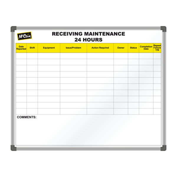 <div class="h4"><B>McCain Maintenance Board</B></div><div class="caption-text">This board is used to record equipment receiving maintenance. With a full colour logo on the top and the McCain yellow used to highlight the headings it is a very efficient board.</div>