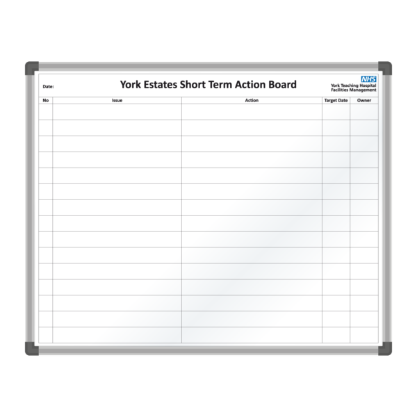<div class="h4"><B>York Teaching Hospital Short Term Action Board</B></div><div class="caption-text">One of a set of two board for York Teaching Hospital, Facilities Management Department. The simple grid on these boards helps monitor short term issues and actions. This board measures <B>150 x 120cm</B>.</div>