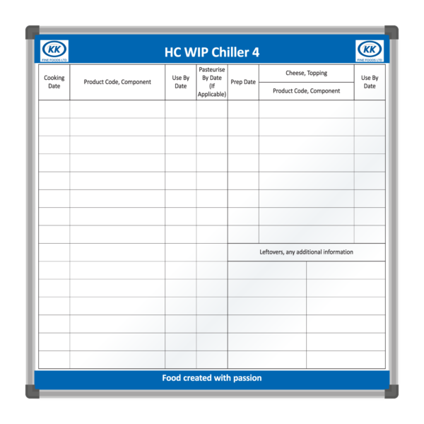 <div class="h4"><B>KK Fine Foods Chiller Product Tracker Board</B></div><div class="caption-text">This board designed for KK Fine Foods is to be used a product tracker board, to track items like cooking dates, use by dates as well as product code and components. This board measures <B>105 x 97cm</B>.</div>