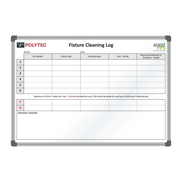 <div class="h4"><B>Politic Fixture Cleaning Log</B></div><div class="caption-text">This cleaning log whiteboard is a custom printed board designed for Polytec. This board will help the user to track cleaning records of various fixtures across the site, as well as tracking bin numbers and send / delivered status.</div>