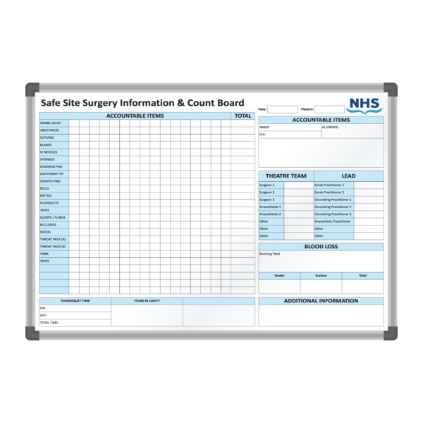<div class="h4"><B>NHS Lanarkshire Surgery Information & SWAB Board</B></div><div class="caption-text">A site surgery information & count board is a crucial tool used in operating theatres. Created on a <B>120 x 90cm</B> size board, this whiteboard displays bold headings with easy to write in spaces to allow for clear and concise annotations, perfect for the hectic environment of a hospital theatre.</div>