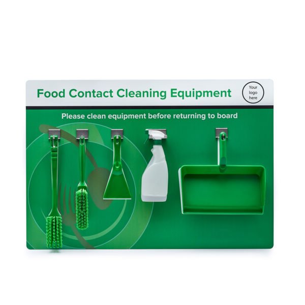 <div class="h4"><B>Food Contact Cleaning Equipment</B></div><div class="caption-text">This wall mountable cleaning station comes with fully stocked cleaning equipment. The goal is to create a standardized and consistent way to place and retrieve everything necessary for the cleaning job - A place for everything, and everything in its place.
</div>