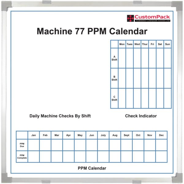 <div class="h4"><B>CustomPack Machine Calendar Whiteboard</B></div><div class="caption-text">This custom printed TPM board gives operators greater “ownership” of their equipment. It places responsibility for routine maintenance in the hands of operators. </div>