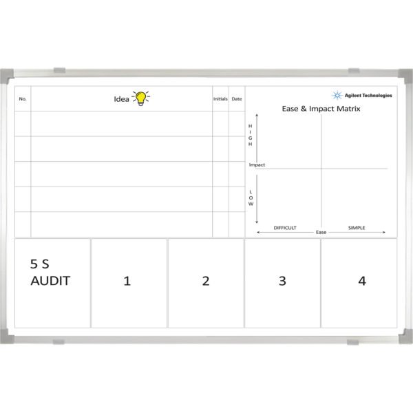 <div class="h4"><B>5S Audit Board</B></div><div class="caption-text">Agilent technologies purchased this unique 5S Audit board to capture ideas and generate an ease and impact matrix for their 5S initiatives. The board uses our magnetic document holder windows in boxes 1 to 4. These can be with various coloured borders to tie win with corporate branding.</div>