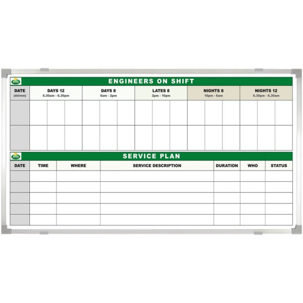 <div class="h4"><B>Service Plan Whiteboard</B></div><div class="caption-text">This shift and service plan TPM board engages all operators and allows them to perform basic service operations, which allows the equipment to be maintained at the optimum level of performance</div>