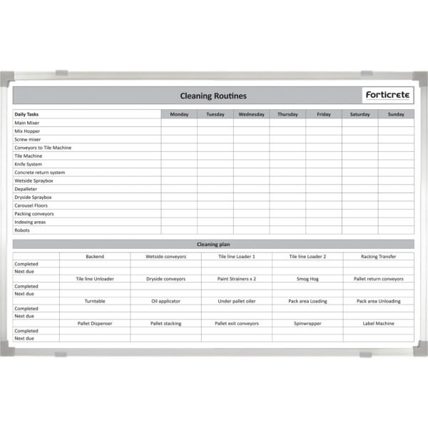 <div class="h4"><B>5S Cleaning Routines Board</B></div><div class="caption-text">Forticrete, a leading UK producer of cast stone, roof tiles etc purchased this cleaning routine and planning board to systematically embed 5S in their culture. As with all things Lean, 5S roll outs in companies need to be adopted by the whole workforce.</div>