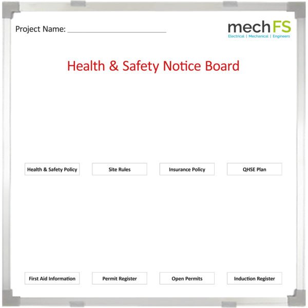 <div class="h4"><B>MechFS Health & Safety Notice Board</B></div><div class="caption-text">MechFS, a leading mechanical and electrical contractor, bought this Health and Safety whiteboard with magnetic windows to display their H&S policy, QHSE plan and HSE related registers. We can help design any custom printed Health & Safety noticeboard.</div>