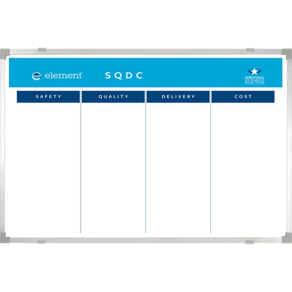 <div class="h4"><B>element  SQDC Bespoke Whiteboard</B></div><div class="caption-text">Element's SQDC board is intended to focus their team’s efforts on Key Performance Indicators. Element SQDC boards were provided in various sizes, both wall fix and on stands, and shipped worldwide.</div>