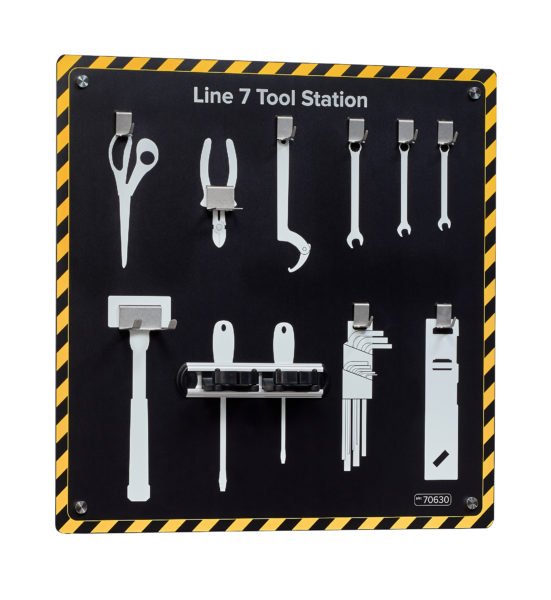 <div class="h4"><B>Tool Station Shadow Board</B></div><div class="caption-text">Wall fixed Tool Shadow board with yellow and black physical and health hazard markings around the board</div>