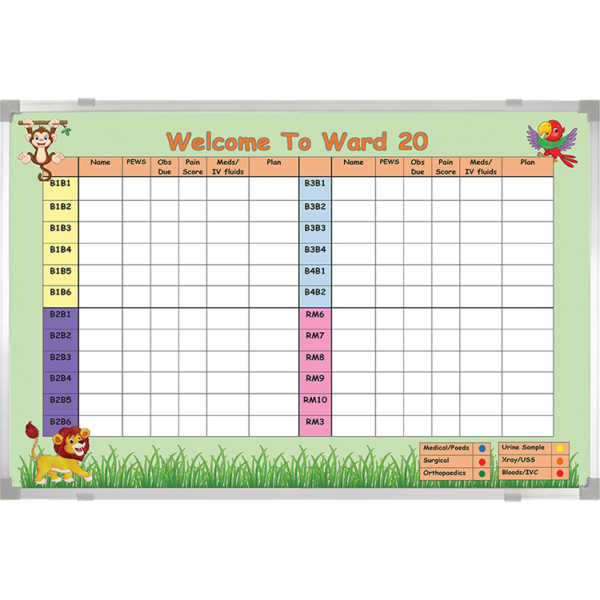 <div class="h4"><B>Jungle Themed Welcome to the Ward Whiteboard</B></div><div class="caption-text">Custom sized cheerful Ward Board with a jungle theme. Magiboards can design a themed ward board to tie in with the children's ward theme. Always good to bring a smile!</div>