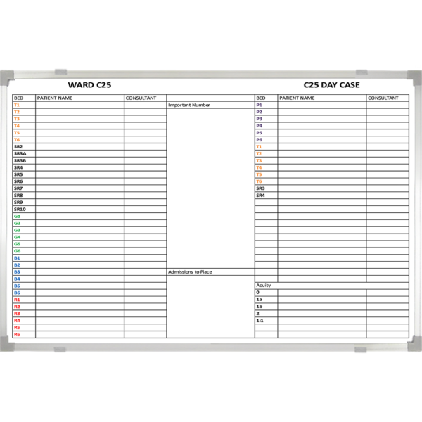 <div class="h4"><B>Nottingham Hospital Magnetic Ward Board </B></div><div class="caption-text">A 150 x 120 cm printed Ward whiteboard. Additional mini whiteboard wings can be added for use in areas where confidentialaity is an issue </div>
