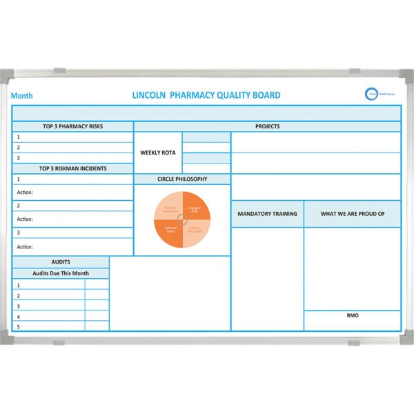 <div class="h4"><B>Custom Size Quality Improvement Board</B></div><div class="caption-text">An effective visual management whiteboard that focuses on Lean quality to track incidents and perform audits. This board is designed to improve the hospital operations and raise the standards using the circle philosophy. </div>