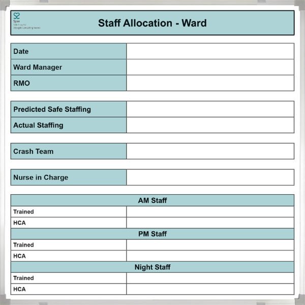 <div class="h4"><B>Spire Staff Allocation Ward Board</B></div><div class="caption-text">An example of an effective staff allocation ward board. This custom printed, magnetic dry erase ward board is a special size at 50 x 50 cm. </div>