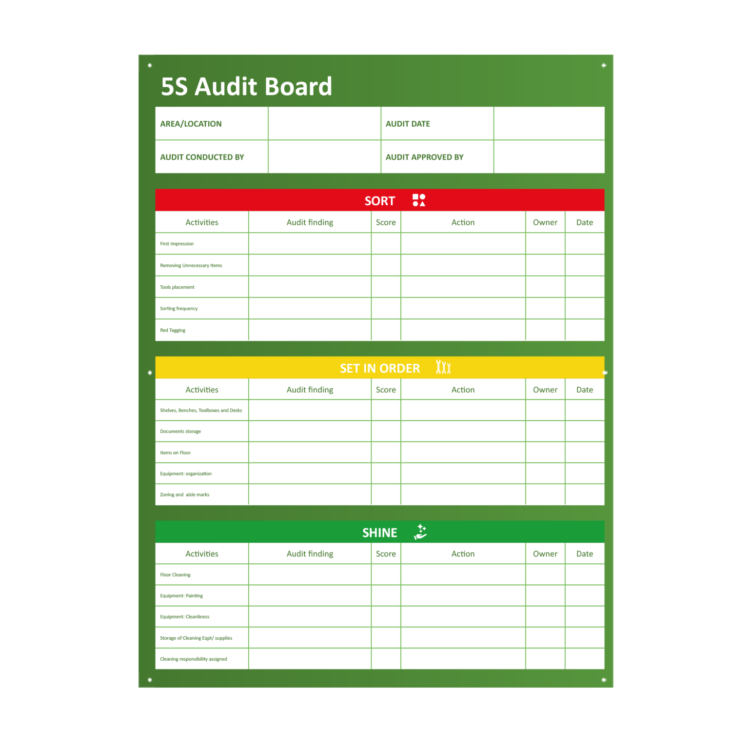 5S Audit Magnetic Whiteboard Frameless on Foamex | Magiboards