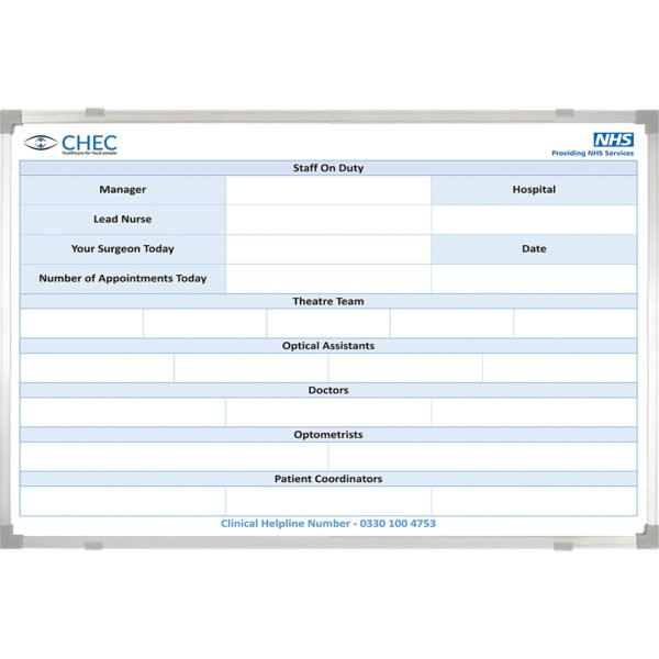 <div class="h4"><B>Staff On Duty Hospital Board</B></div><div class="caption-text">A clear snapshot of which hospital staff are on duty. 120 x 90 cm with bespoke print</div>