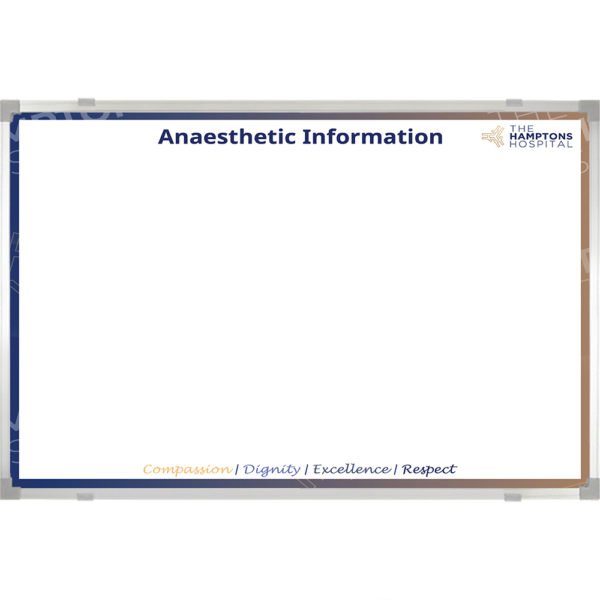 <div class="h4"><B>Anaesthetic Information Whiteboard</B></div><div class="caption-text">This 120 x 90 Information Board can be used with our magnetic document holder windows to give a really professional display. All our custom printed whtieboards accept magnetic accessories and can be used with dry wipe marker pens</div>