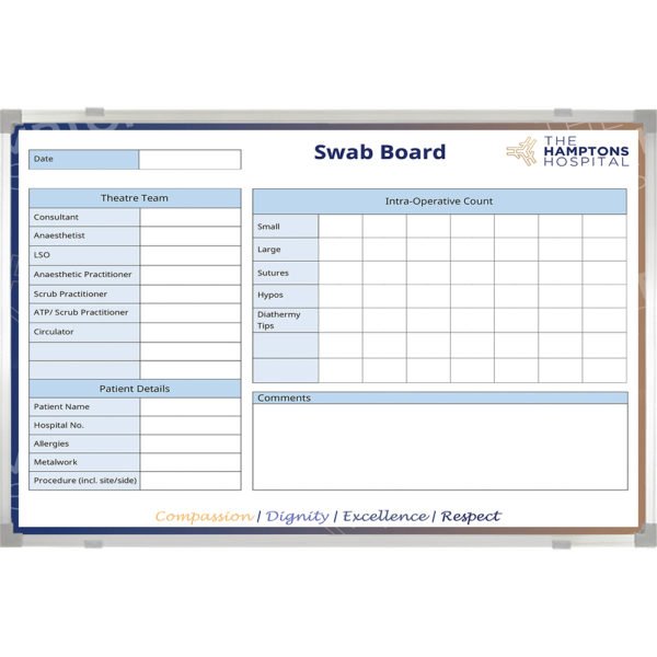 <div class="h4"><B>Endoscopy Swab Board 120 x 90 cnm</B></div><div class="caption-text">A swab board for the Endoscopy department. It is a good idea to leave a few blank lines for the various swabs so you can add any unusual ones with a dry wipe marker pen.</div>