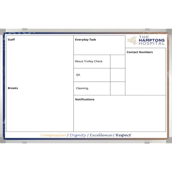 <div class="h4"><B>Radiology Whiteboard</B></div><div class="caption-text">A bespoke Whiteboard with custom print to share information on staff and ward with other team members</div>