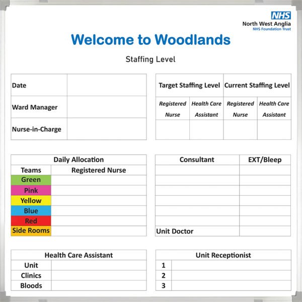 <div class="h4"><B>NHS Staffing Level Whiteboard</B></div><div class="caption-text">A 90 x 90 cm Staffing Board showing who is on duty on a particular day and tracking staff levels current versus target</div>