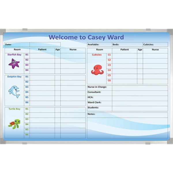 <div class="h4"><B>Colourful Custom Size Ward Board</B></div><div class="caption-text">Epsom & St Helier Hospital requested this colourful printed whiteboard to tie in with their ward theme. The size is custom made at 138 x 99 cm</div>
