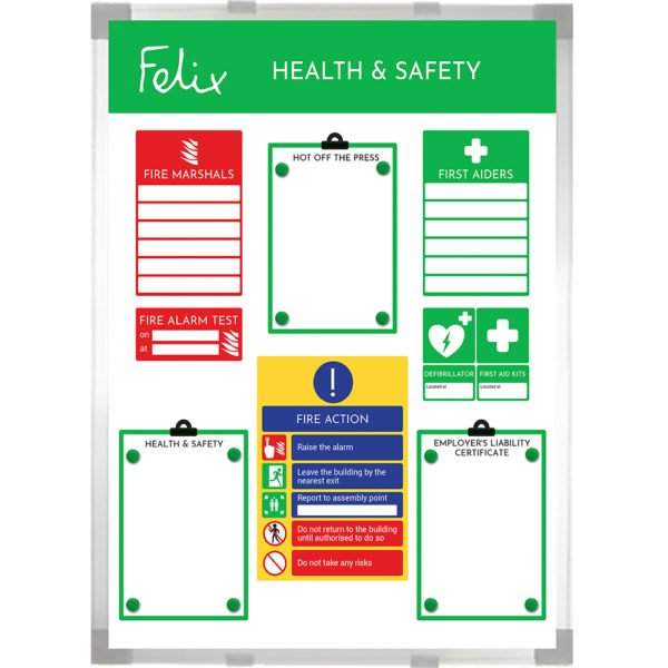 <div class="h4"><B>Custom Printed H&S Whiteboard</B></div><div class="caption-text">A beautifully designed Health and Safety Board by Felix. Portrait 90 x 120 cm</div>