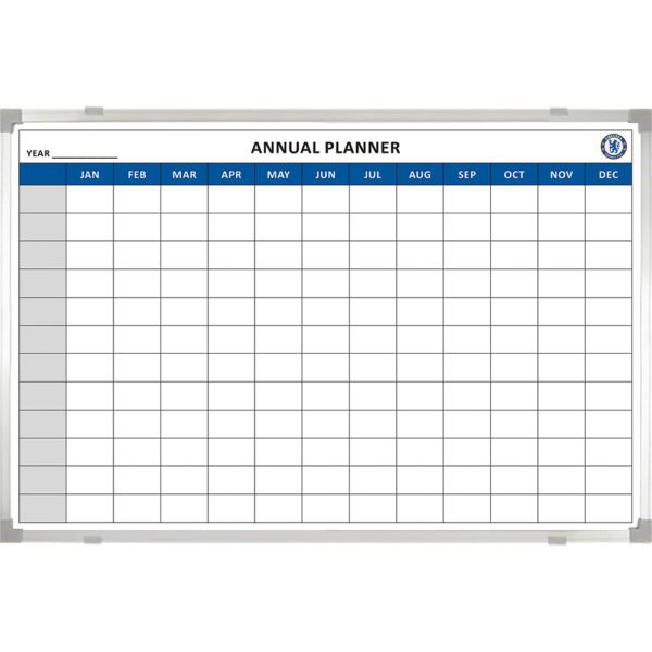 <div class="h4"><B>Chelsea Football Club Annual Planner Board</B></div><div class="caption-text">A 90 x 60 cm Yearly Planner custom printed whiteboard with Chelsea FC logo. Use with dry wipe marker pens and magnets</div>