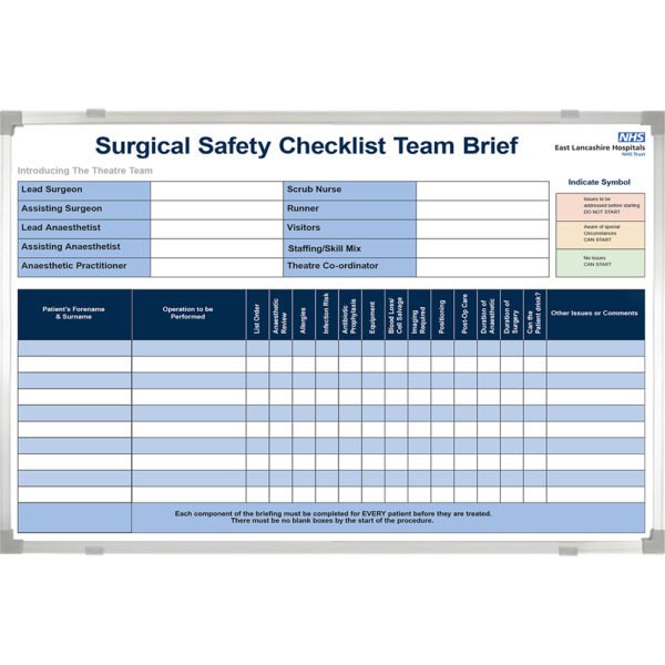 <div class="h4"><B>Surgical Safety Checklist Whiteboard</B></div><div class="caption-text">East Lancashire Hospitals NHS Trust custom printed 150 x 120 cm magnetic whiteboard. A visible checklist can help prevent mistakes.</div>