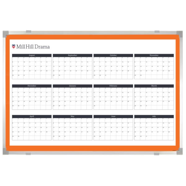 <div class="h4"><B>Yearly Calendar Customised Whiteboard</B></div><div class="caption-text">Mill Hill School requested this custom size 150 x 100 cm with a printed calendar and logo colours</div>