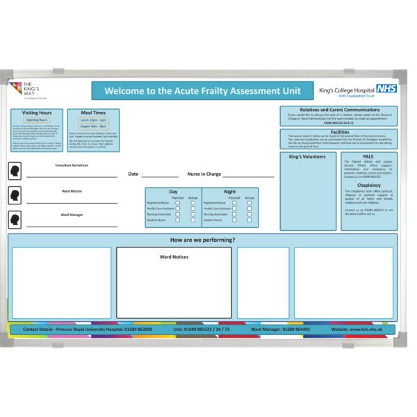<div class="h4"><B>King's College Hospital</B></div><div class="caption-text">"Welcome to the Acute Frailty Assessment Unit" custom printed whiteboard 180 x 120 cm</div>