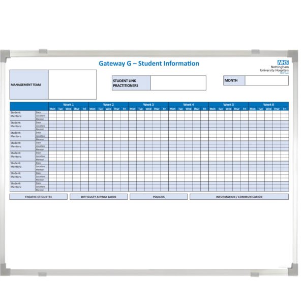<div class="h4"><B>Student Information Boards</B></div><div class="caption-text">A 120 x 90 cm custom printed NHS whiteboard fro improved information exchange with students</div>