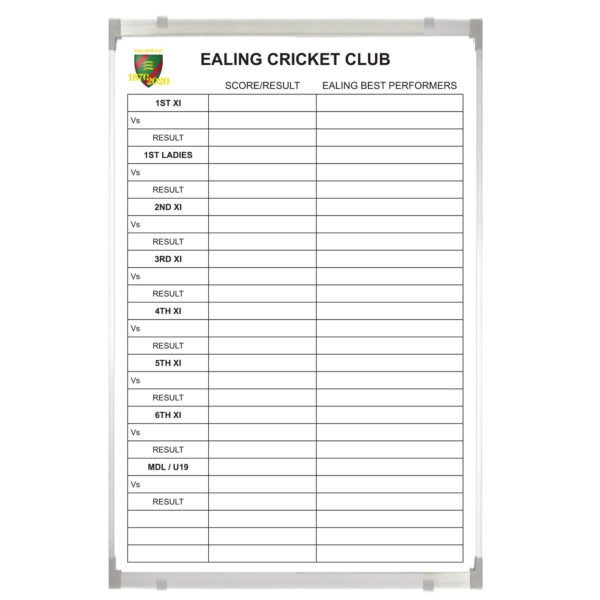 <div class="h4"><B>Ealing Cricket Club</B></div><div class="caption-text">A 60 x 90 cm portrait Score Board whiteboard with shout out area for the highest match performers</div>