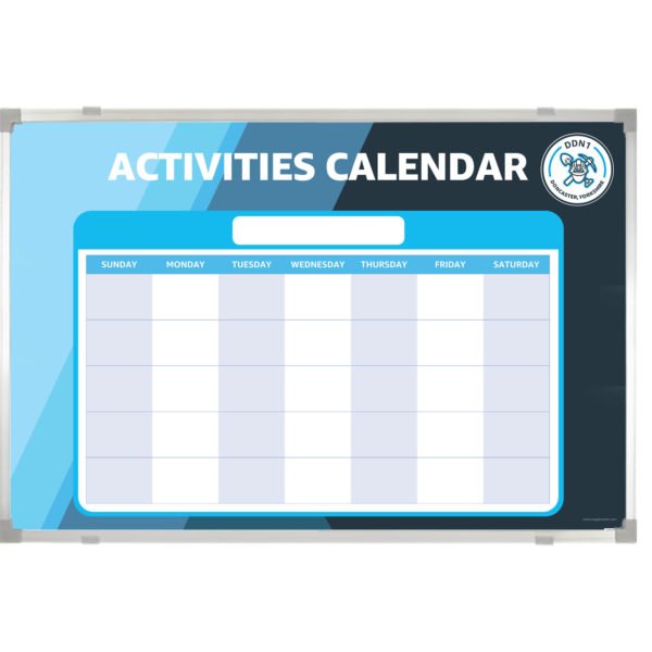 <div class="h4"><B>Activities Calendar Whiteboard</B></div><div class="caption-text">A custom print 180 x 120 cm smart whiteboard with branding and space to write Weekly Activities</div>
