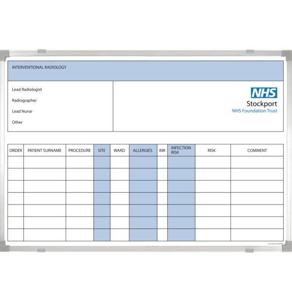 <div class="h4"><B>Stockport NHS</B></div><div class="caption-text">An Interventional Radiology Whiteboard with custom print for wall fix. 90 x 60 cm</div>